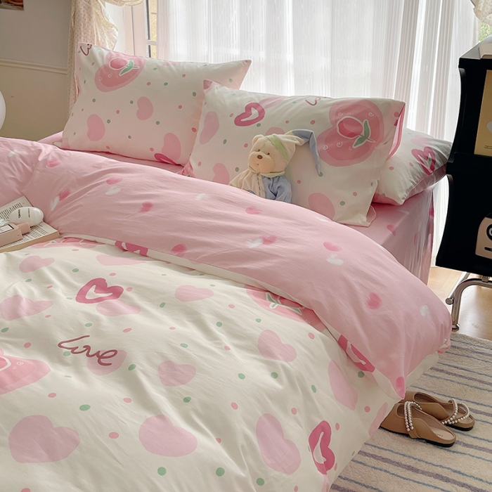 91家纺网 家纺一手货源 找家纺 桃子 2023新款ins韩系少女心碎花小清新卡通纯棉系列四件套 棉-爱心郁金香