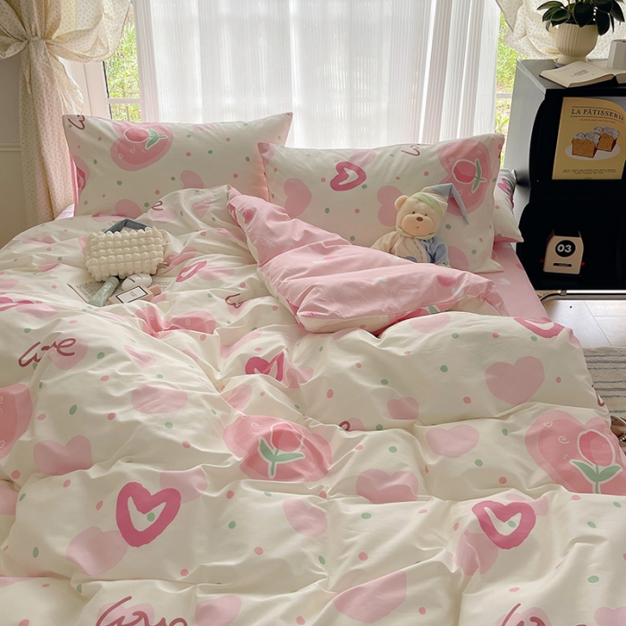 91家纺网 家纺一手货源 找家纺 桃子 2023新款ins韩系少女心碎花小清新卡通纯棉系列四件套 棉-爱心郁金香