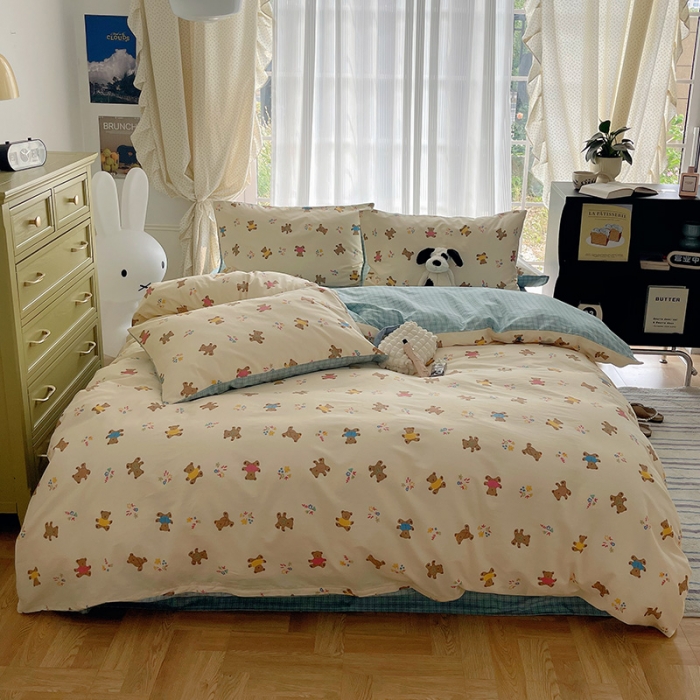 91家纺网 家纺一手货源 找家纺 桃子 2023新款ins韩系少女心碎花小清新卡通纯棉系列四件套 棉-饼干熊