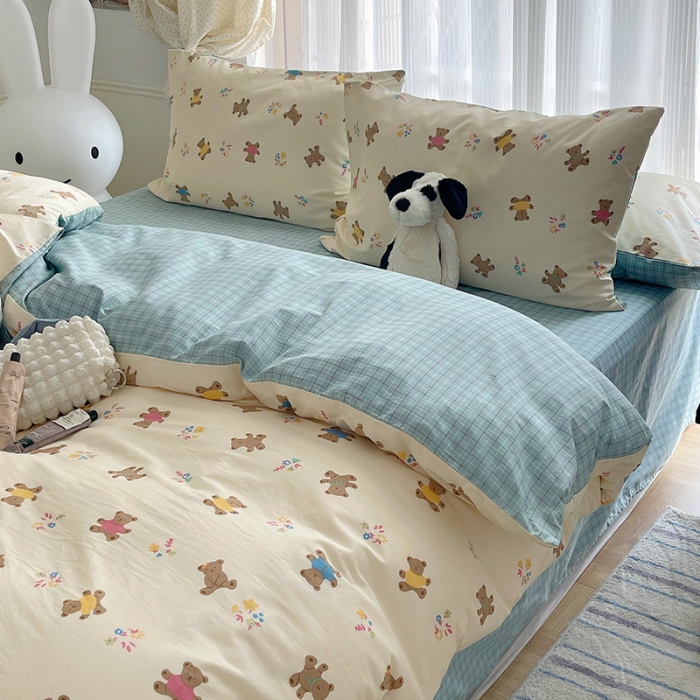 91家纺网 家纺一手货源 找家纺 桃子 2023新款ins韩系少女心碎花小清新卡通纯棉系列四件套 棉-饼干熊