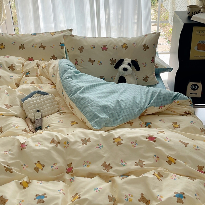 91家纺网 家纺一手货源 找家纺 桃子 2023新款ins韩系少女心碎花小清新卡通纯棉系列四件套 棉-饼干熊