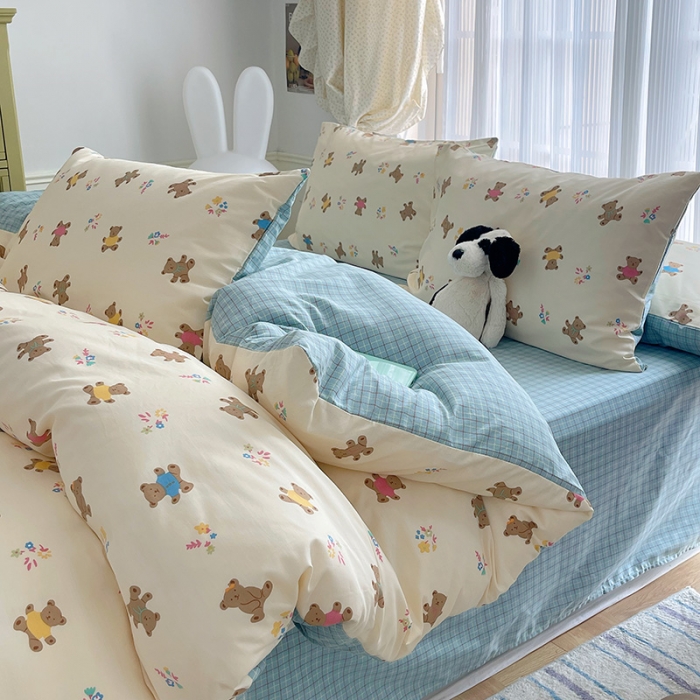 91家纺网 家纺一手货源 找家纺 桃子 2023新款ins韩系少女心碎花小清新卡通纯棉系列四件套 棉-饼干熊