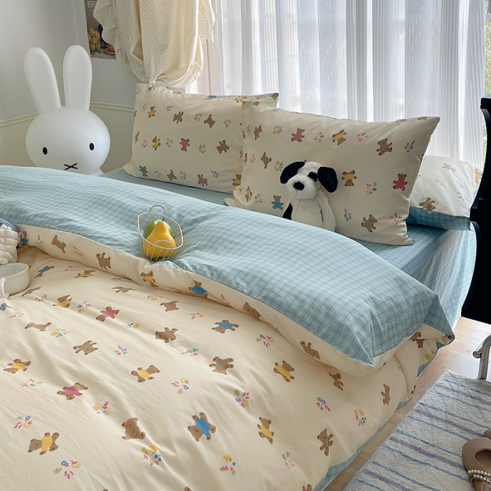 91家纺网 家纺一手货源 找家纺 桃子 2023新款ins韩系少女心碎花小清新卡通纯棉系列四件套 棉-饼干熊