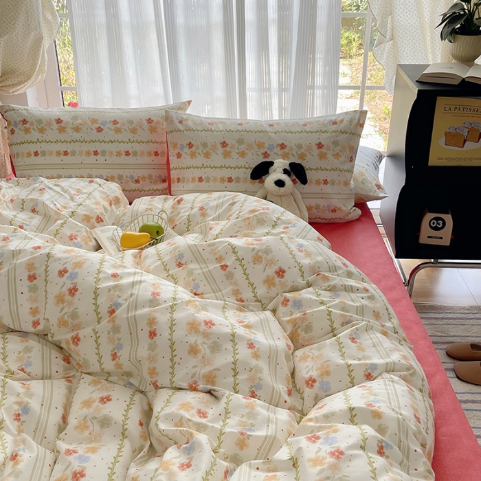 91家纺网 家纺一手货源 找家纺 桃子 2023新款ins韩系少女心碎花小清新卡通纯棉系列四件套 棉-初夏