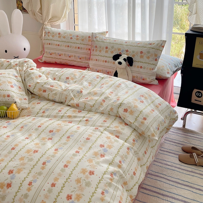 91家纺网 家纺一手货源 找家纺 桃子 2023新款ins韩系少女心碎花小清新卡通纯棉系列四件套 棉-初夏