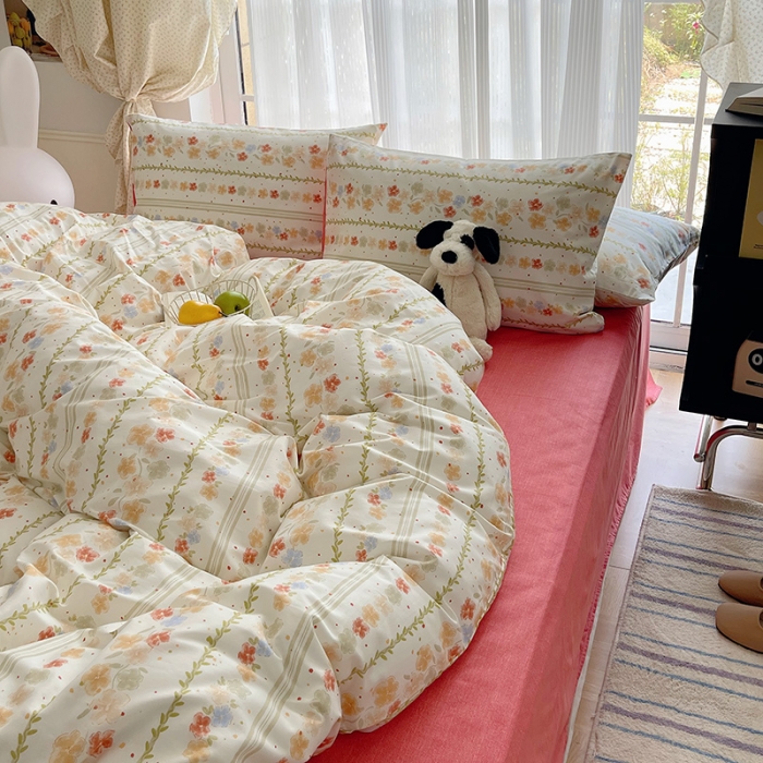 91家纺网 家纺一手货源 找家纺 桃子 2023新款ins韩系少女心碎花小清新卡通纯棉系列四件套 棉-初夏