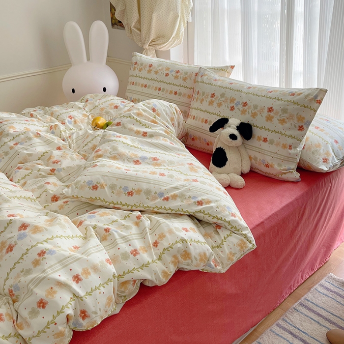 91家纺网 家纺一手货源 找家纺 桃子 2023新款ins韩系少女心碎花小清新卡通纯棉系列四件套 棉-初夏