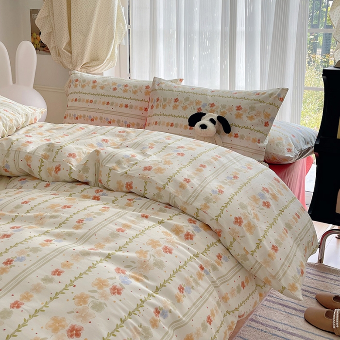 91家纺网 家纺一手货源 找家纺 桃子 2023新款ins韩系少女心碎花小清新卡通纯棉系列四件套 棉-初夏