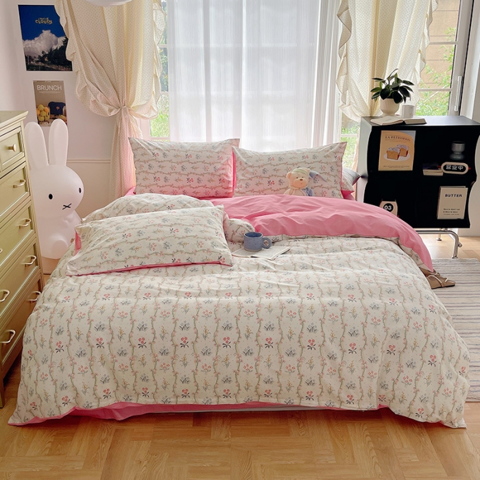 91家纺网 家纺一手货源 找家纺 桃子 2023新款ins韩系少女心碎花小清新卡通纯棉系列四件套 棉-春意