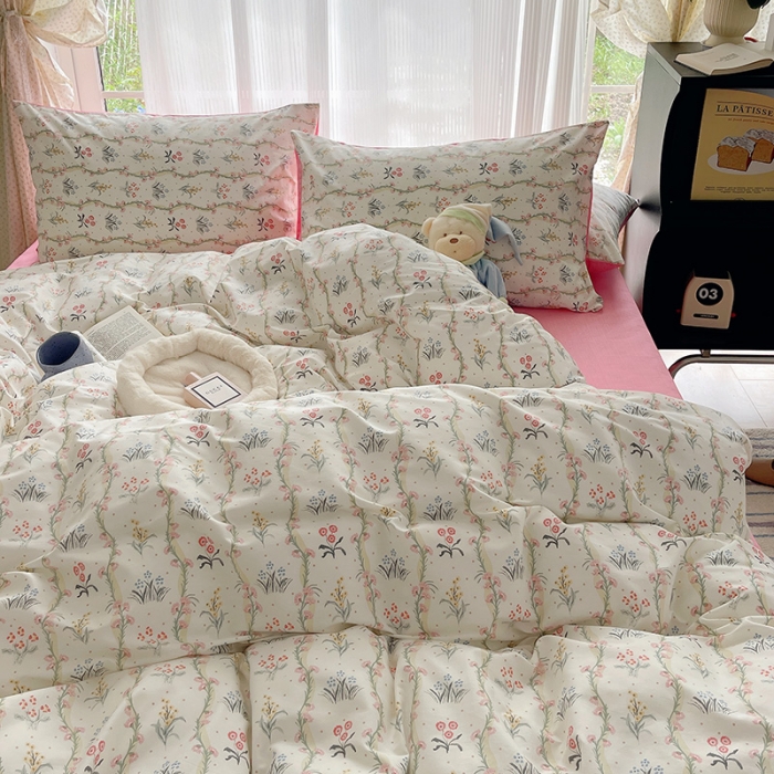 91家纺网 家纺一手货源 找家纺 桃子 2023新款ins韩系少女心碎花小清新卡通纯棉系列四件套 棉-春意