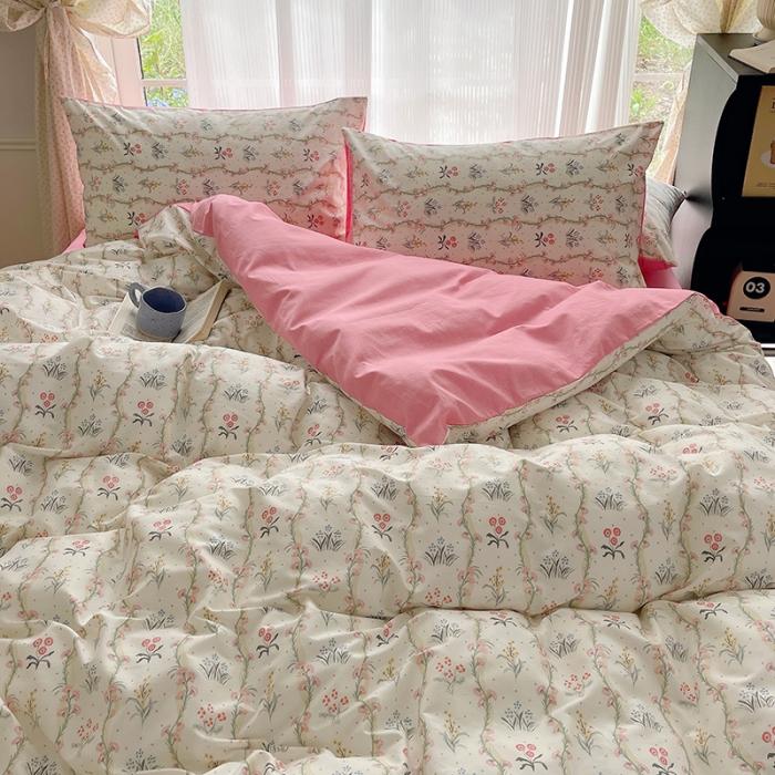 91家纺网 家纺一手货源 找家纺 桃子 2023新款ins韩系少女心碎花小清新卡通纯棉系列四件套 棉-春意