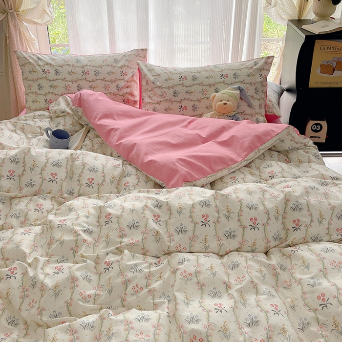 91家纺网 家纺一手货源 找家纺 桃子 2023新款ins韩系少女心碎花小清新卡通纯棉系列四件套 棉-春意