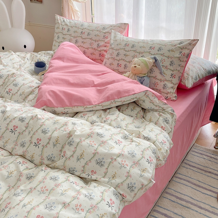 91家纺网 家纺一手货源 找家纺 桃子 2023新款ins韩系少女心碎花小清新卡通纯棉系列四件套 棉-春意