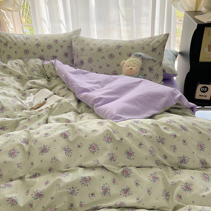 91家纺网 家纺一手货源 找家纺 桃子 2023新款ins韩系少女心碎花小清新卡通纯棉系列四件套 棉-浮影