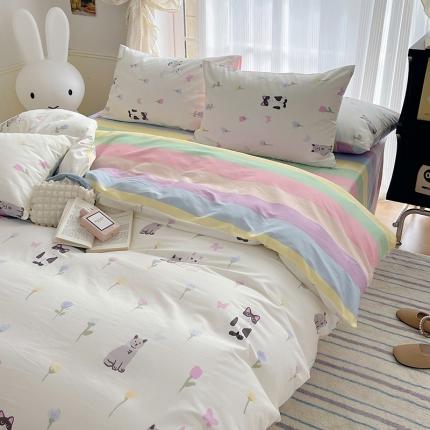 桃子 2023新款ins韩系少女心碎花小清新卡通纯棉系列四件套 棉-乖乖猫