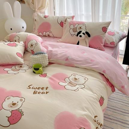 桃子 2023新款ins韩系少女心碎花小清新卡通纯棉系列四件套 棉-熊熊草莓