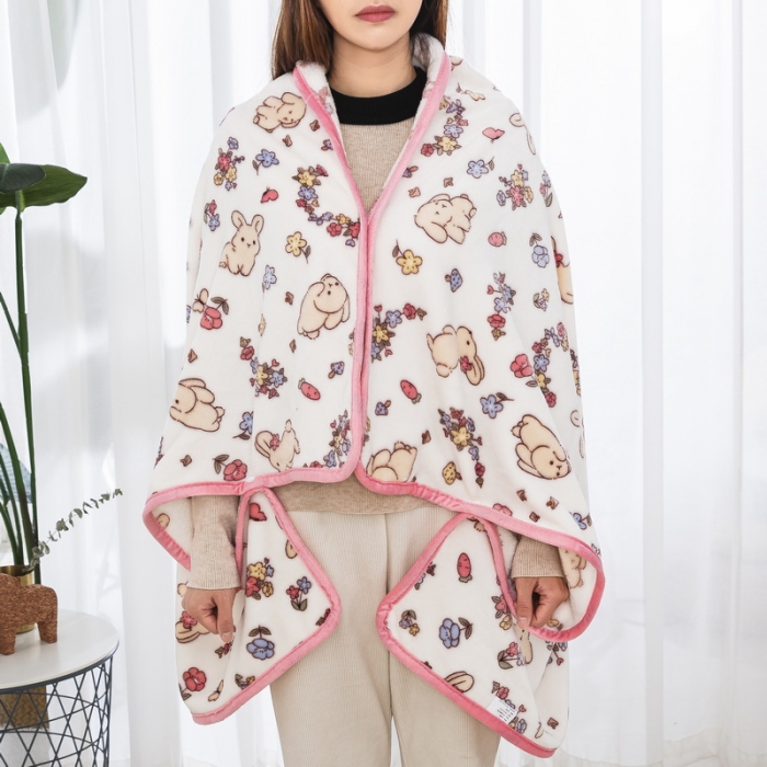 91家纺网 家纺一手货源 找家纺 恋尚羽 2025秋冬爆款印花披肩毯盖毯 花环兔