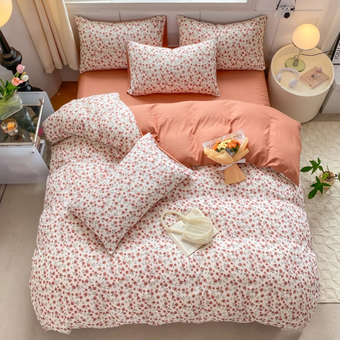 91家纺网 家纺一手货源 找家纺 红日子 2024新款水洗棉麻双层纱四件套 朵美