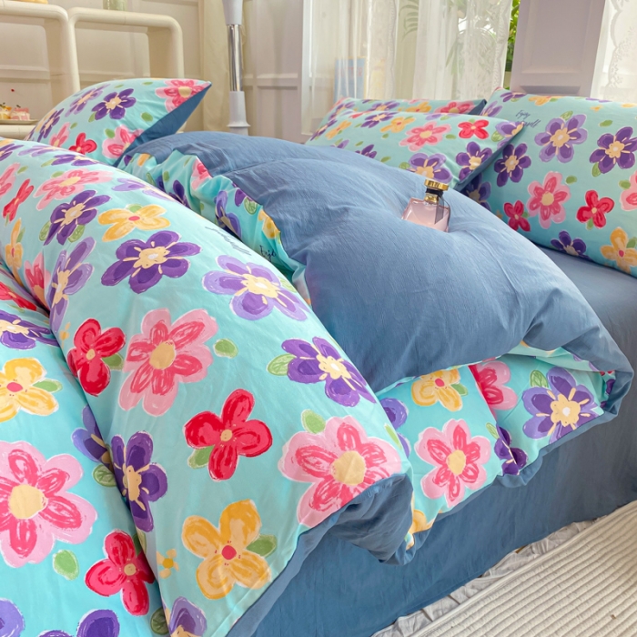 91家纺网 家纺一手货源 找家纺 红日子 2024新款水洗棉麻双层纱四件套 落花