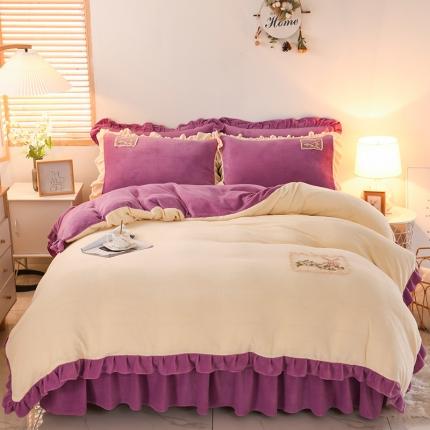 五口之家新款韩版纯色双拼牛奶绒床裙床单款四件套-迷情 迷情-薰衣紫