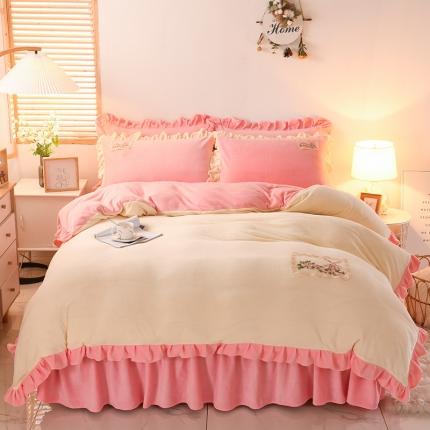 五口之家新款韩版纯色双拼牛奶绒床裙床单款四件套-迷情 迷情-公主粉