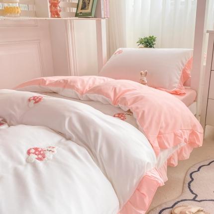 2023新款韩版学生宿舍三件套水洗棉被套床单床笠床上用品 蘑菇兔-粉白