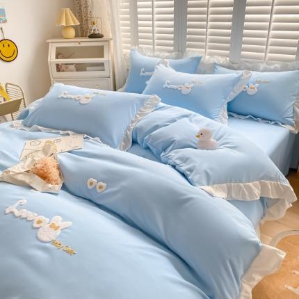 2023新款韩版学生宿舍三件套水洗棉被套床单床笠床上用品 可爱兔-蓝