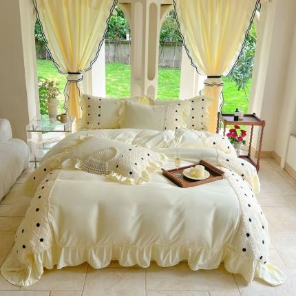91家纺网 家纺一手货源 找家纺 豪美鑫 2025亲肤棉刺绣花边四件套波尔卡+卡布奇诺系列 波尔卡-奶黄
