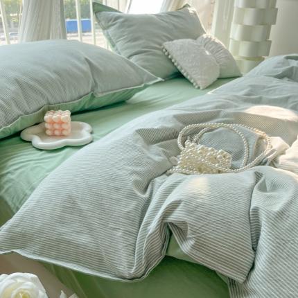 91家纺网 家纺一手货源 找家纺 总yyds网供【家用场景】细条纹云柔水洗棉单人双人四件套纯色双拼单被套
