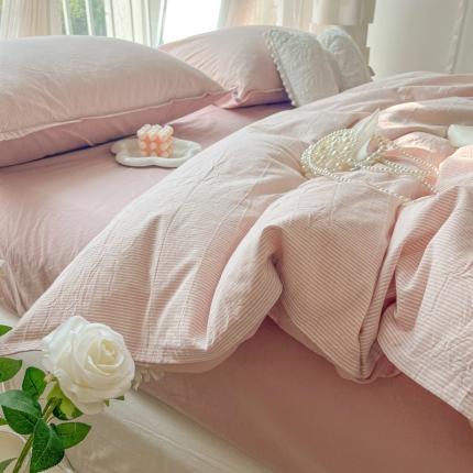 91家纺网 家纺一手货源 找家纺 总yyds网供【家用场景】细条纹云柔水洗棉单人双人四件套纯色双拼单被套