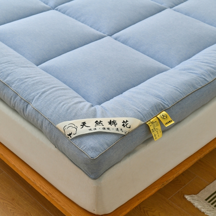 91家纺网 家纺一手货源 找家纺 鑫钰 2023新款纯棉全棉色织水洗床垫整张羽丝棉填充床褥垫褥软垫 湖蓝