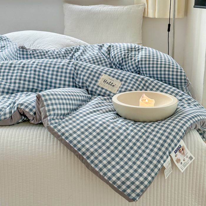 91家纺网 家纺一手货源 找家纺 森林人 2023新款A类水洗棉立体大豆被2 立体-浅蓝小格