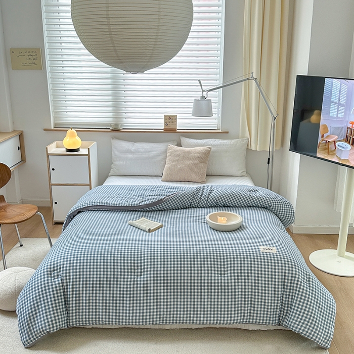 91家纺网 家纺一手货源 找家纺 森林人 2023新款A类水洗棉立体大豆被2 立体-浅蓝小格