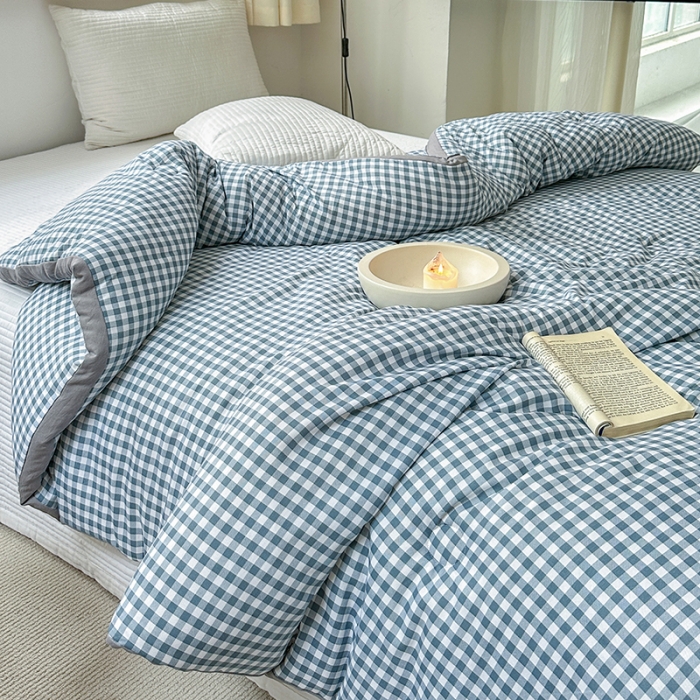 91家纺网 家纺一手货源 找家纺 森林人 2023新款A类水洗棉立体大豆被2 立体-浅蓝小格