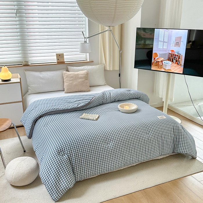 91家纺网 家纺一手货源 找家纺 森林人 2023新款A类水洗棉立体大豆被2 立体-浅蓝小格