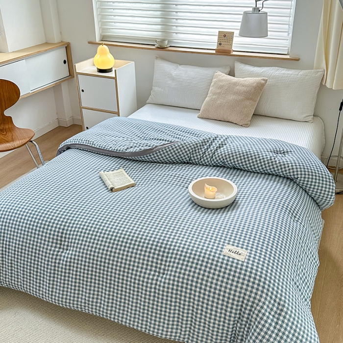 91家纺网 家纺一手货源 找家纺 森林人 2023新款A类水洗棉立体大豆被2 立体-浅蓝小格