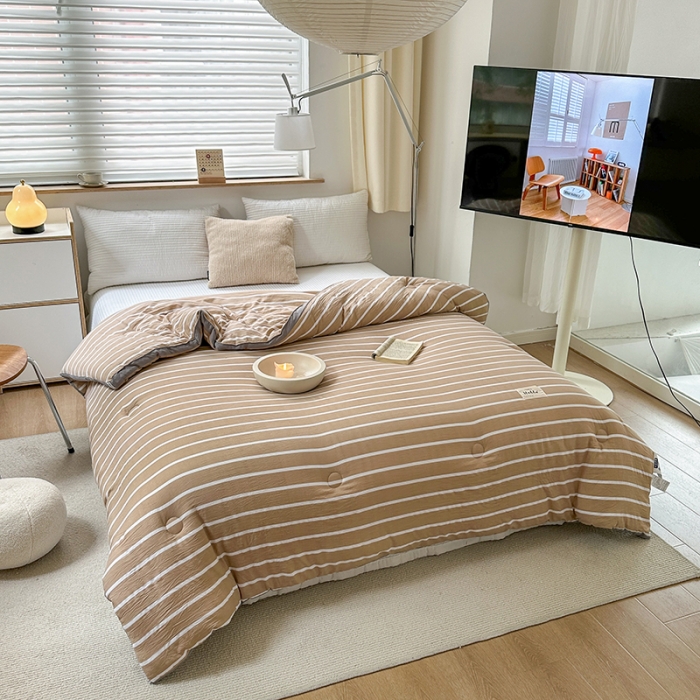 91家纺网 家纺一手货源 找家纺 森林人 2023新款A类水洗棉立体大豆被2 立体-条纹咖