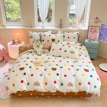 沐棉 2023新款全棉13372小清新印花四件套 波点熊