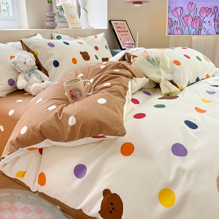 91家纺网 家纺一手货源 找家纺 沐棉 2023新款全棉13372小清新印花四件套 波点熊