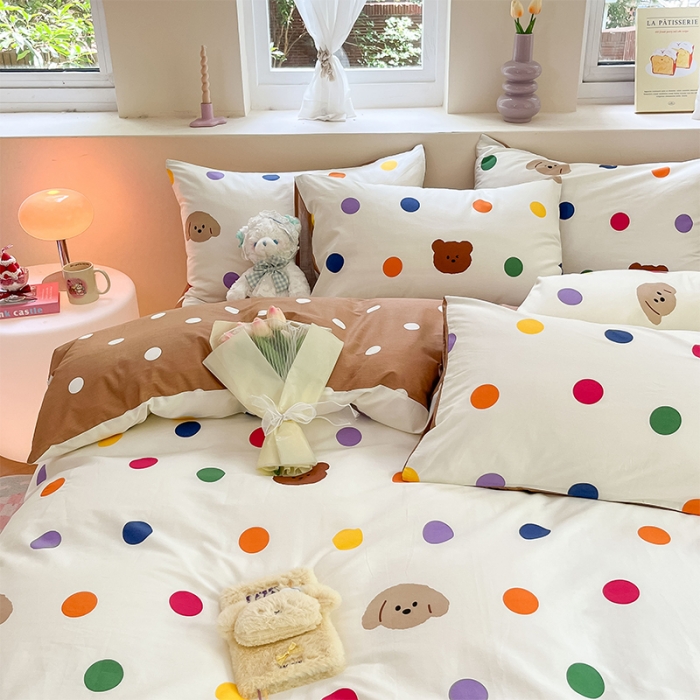 91家纺网 家纺一手货源 找家纺 沐棉 2023新款全棉13372小清新印花四件套 波点熊