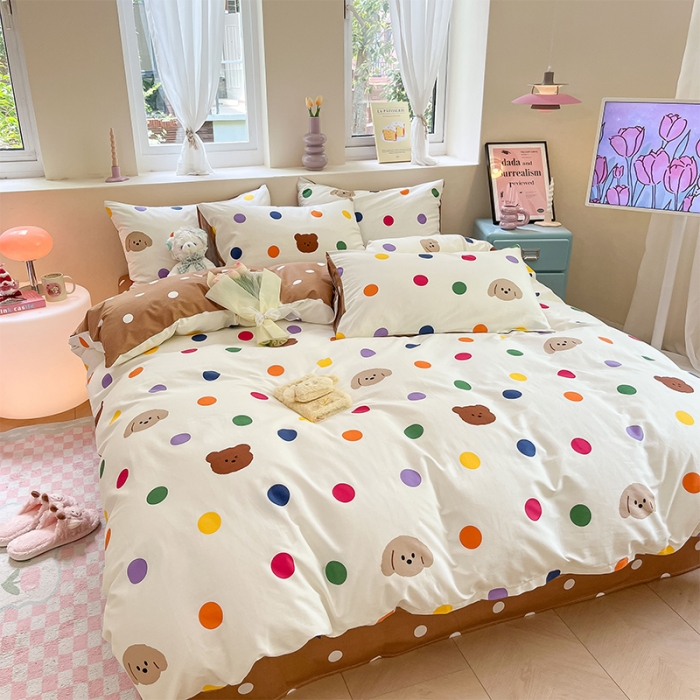 91家纺网 家纺一手货源 找家纺 沐棉 2023新款全棉13372小清新印花四件套 波点熊