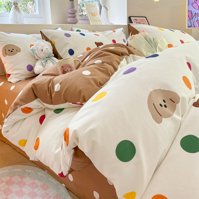 91家纺网 家纺一手货源 找家纺 沐棉 2023新款全棉13372小清新印花四件套 波点熊