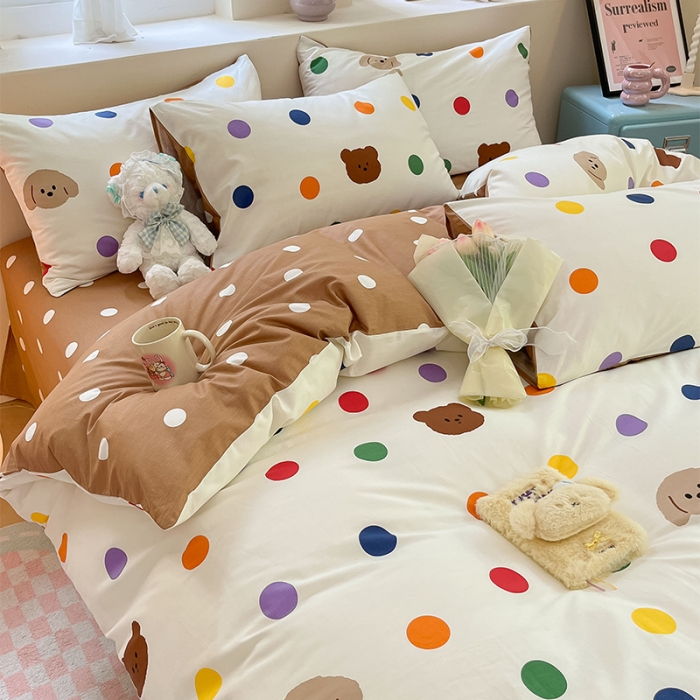 91家纺网 家纺一手货源 找家纺 沐棉 2023新款全棉13372小清新印花四件套 波点熊