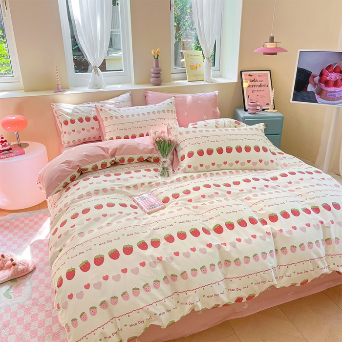 91家纺网 家纺一手货源 找家纺 沐棉 2023新款全棉13372小清新印花四件套 草莓爱心