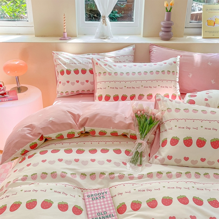 91家纺网 家纺一手货源 找家纺 沐棉 2023新款全棉13372小清新印花四件套 草莓爱心