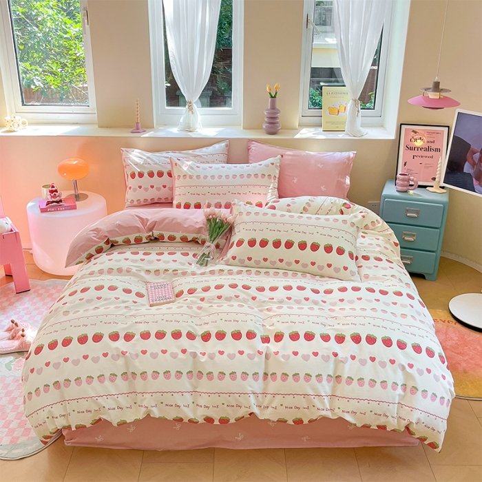 91家纺网 家纺一手货源 找家纺 沐棉 2023新款全棉13372小清新印花四件套 草莓爱心