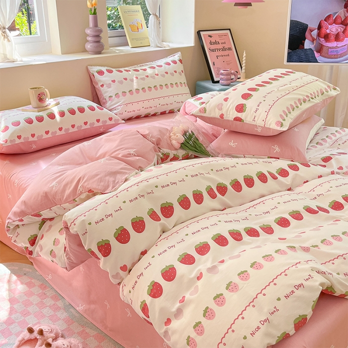 91家纺网 家纺一手货源 找家纺 沐棉 2023新款全棉13372小清新印花四件套 草莓爱心