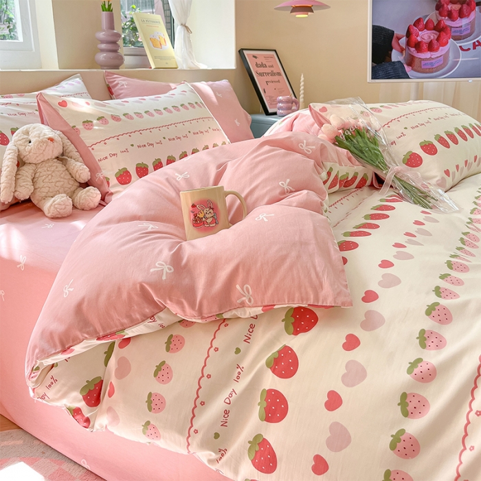 91家纺网 家纺一手货源 找家纺 沐棉 2023新款全棉13372小清新印花四件套 草莓爱心