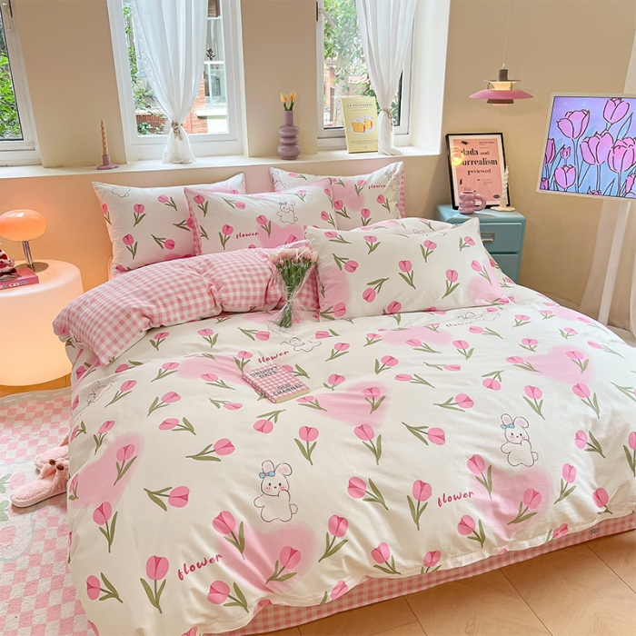 91家纺网 家纺一手货源 找家纺 沐棉 2023新款全棉13372小清新印花四件套 花园小兔