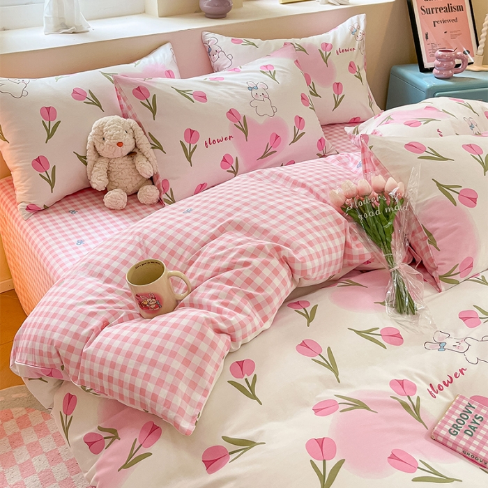 91家纺网 家纺一手货源 找家纺 沐棉 2023新款全棉13372小清新印花四件套 花园小兔